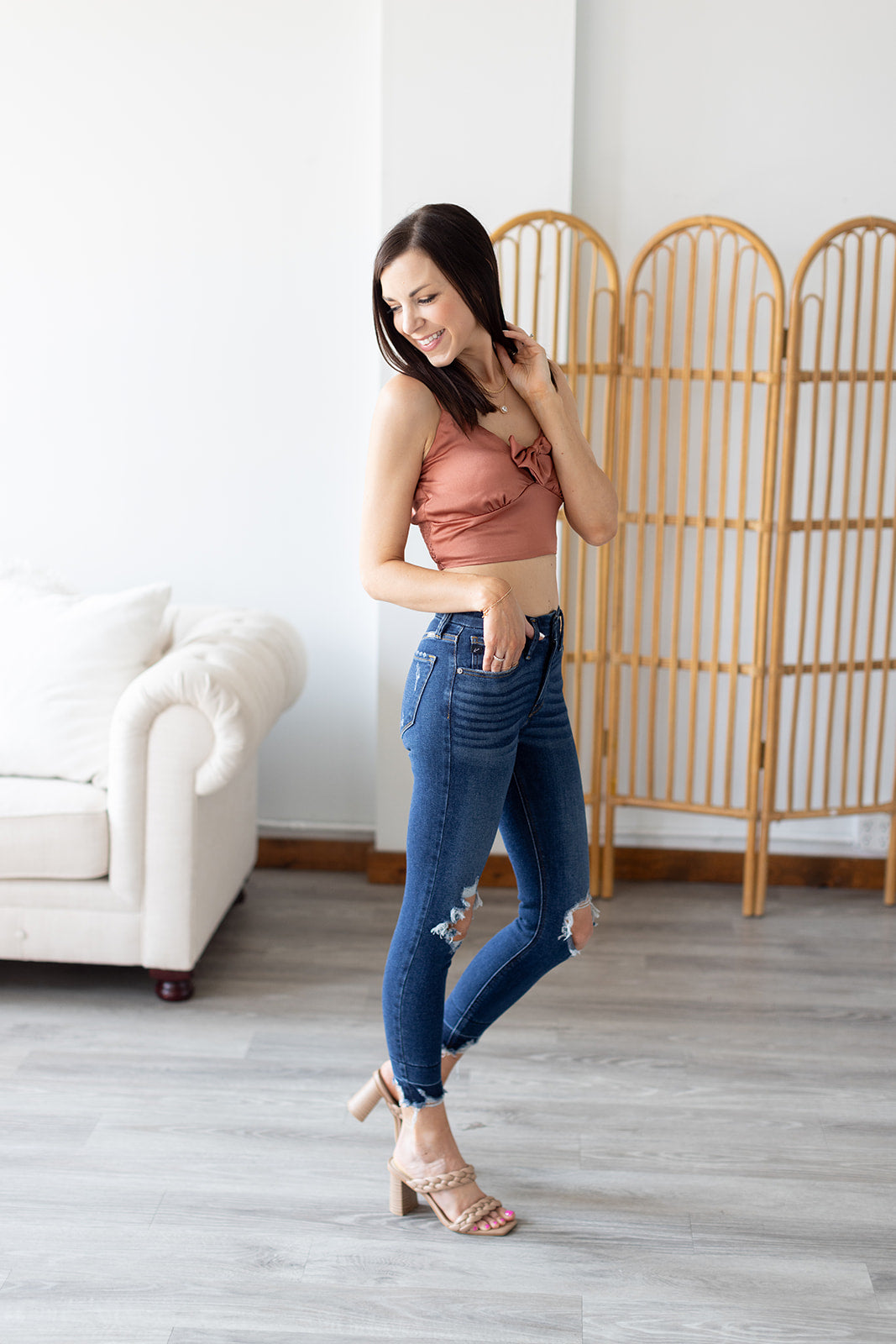 Feeling Flirty Satin Tie Front Crop Tank