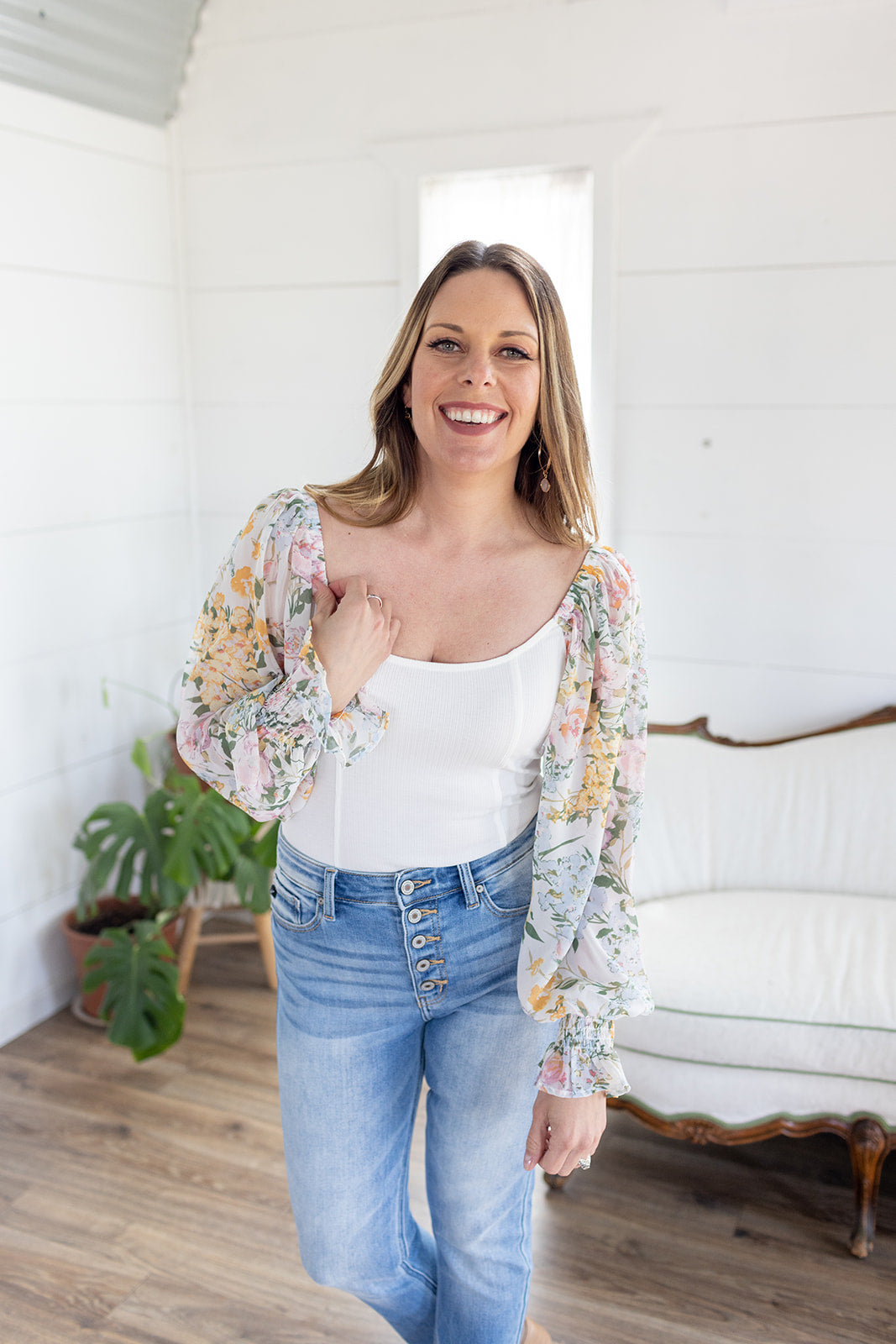 Impress Me Floral Sleeve Off White Bodysuit - *LOW STOCK*