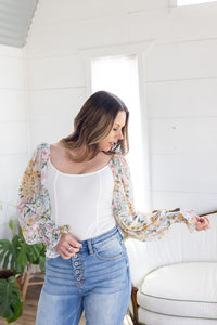 Impress Me Floral Sleeve Off White Bodysuit - *LOW STOCK*
