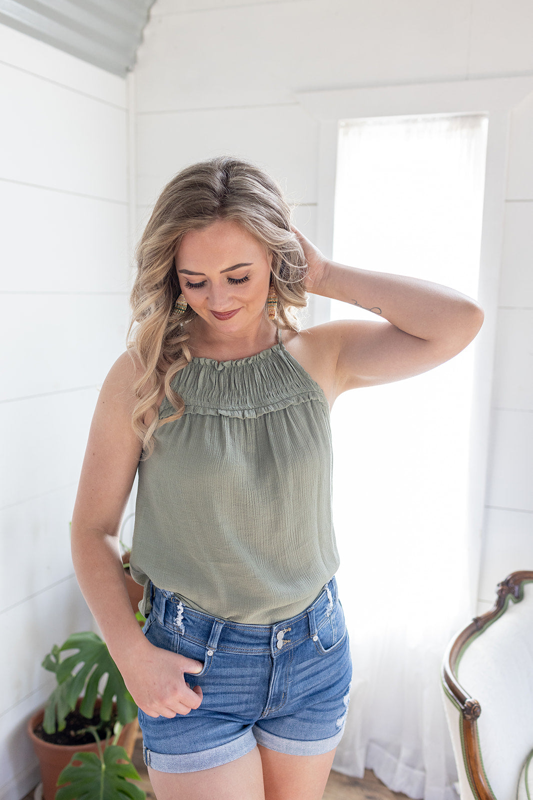 Day Glow Olive Halter Tank - *LOW STOCK*